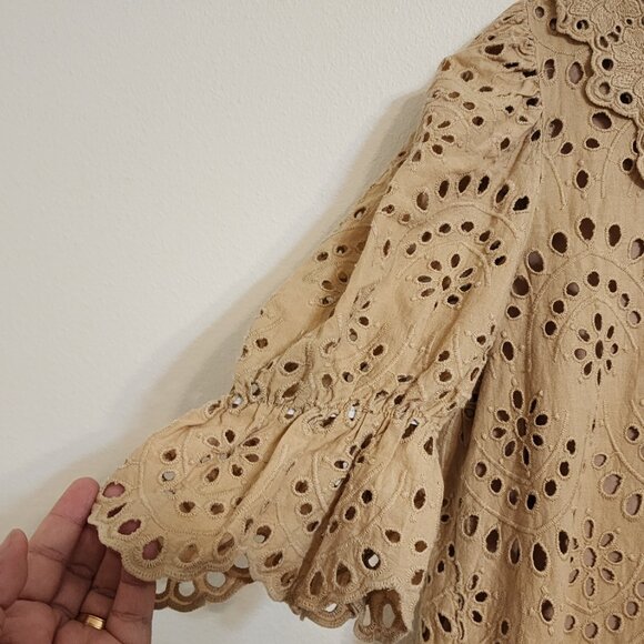 By Flow Mini Dress Eyelet Embroidered Lace Beige V Neck Zip Ruffle Feminine Edgy - Picture 6 of 15